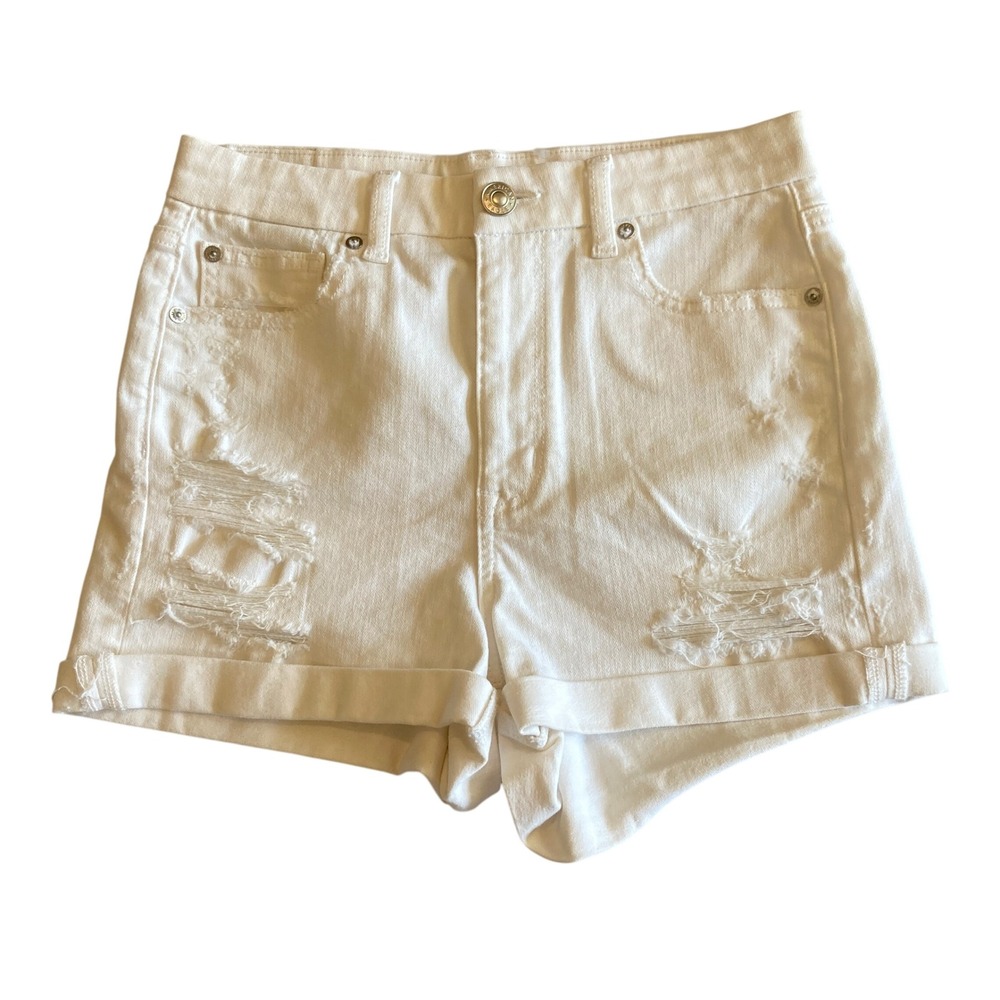 American Eagle 4 (W27) Curvy Hi-Rise Shortie‎ White Distressed Denim Shorts 6015